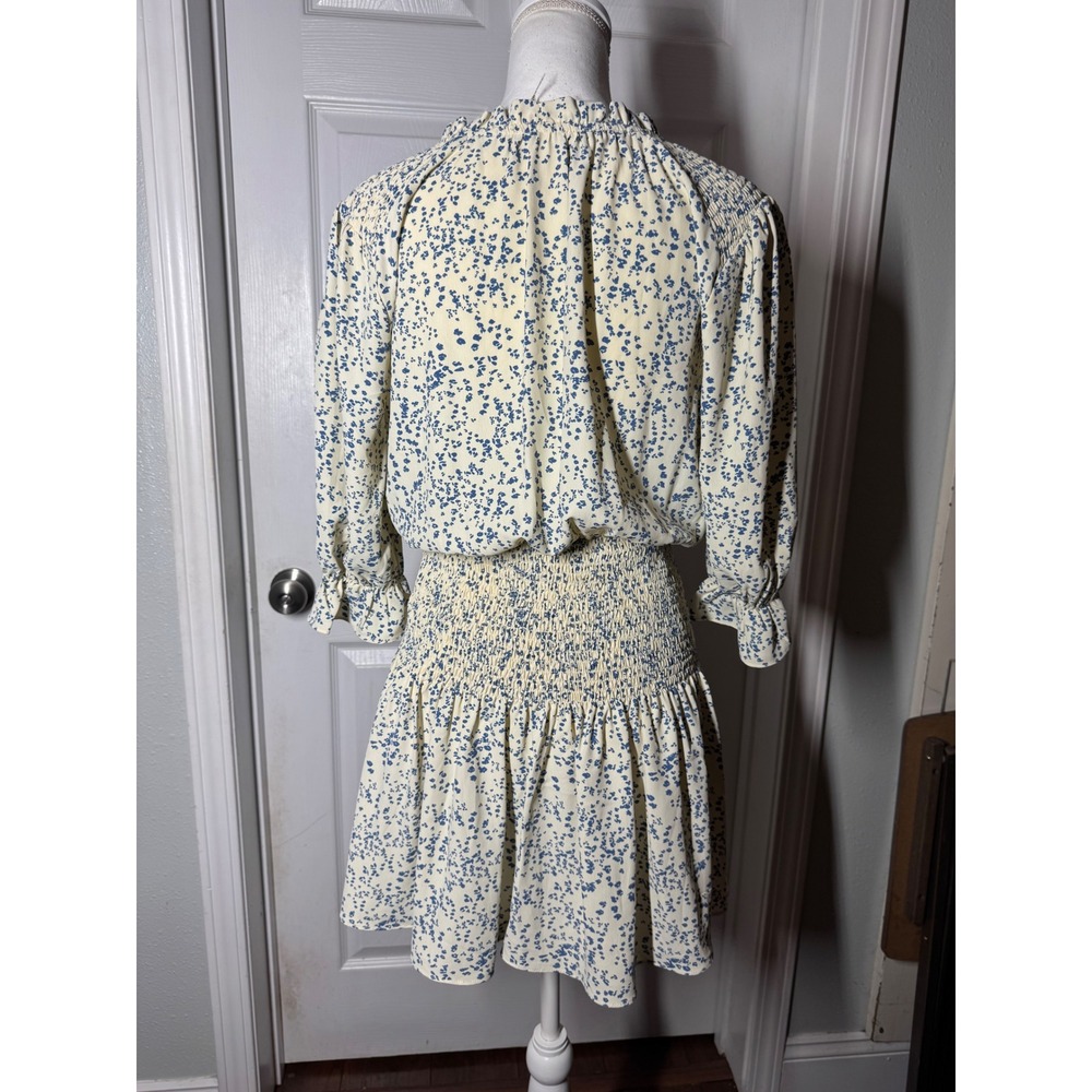 Entro Smocked Waist Floral Mini Dress S Cream Blue Good Ruffle Tiered - Picture 6 of 8